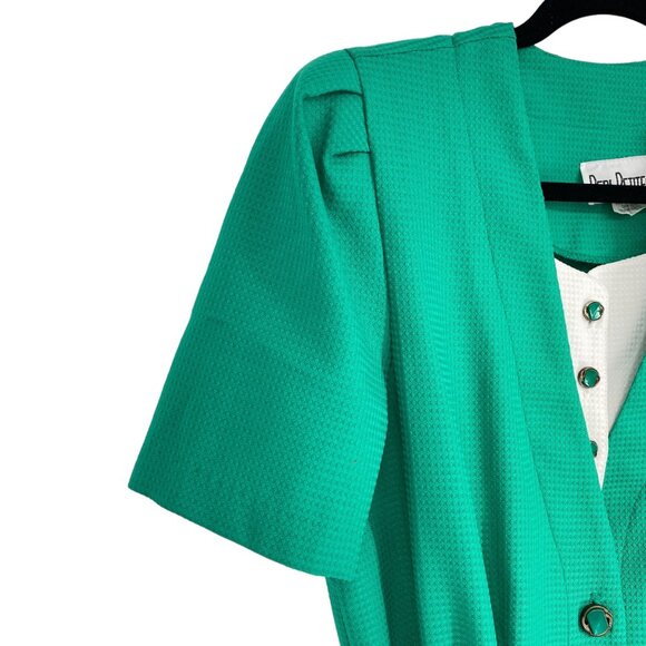 Vintage Peri Petites 80s Dress Kelly Green 14 Button Front Belted Pockets USA - Picture 4 of 12